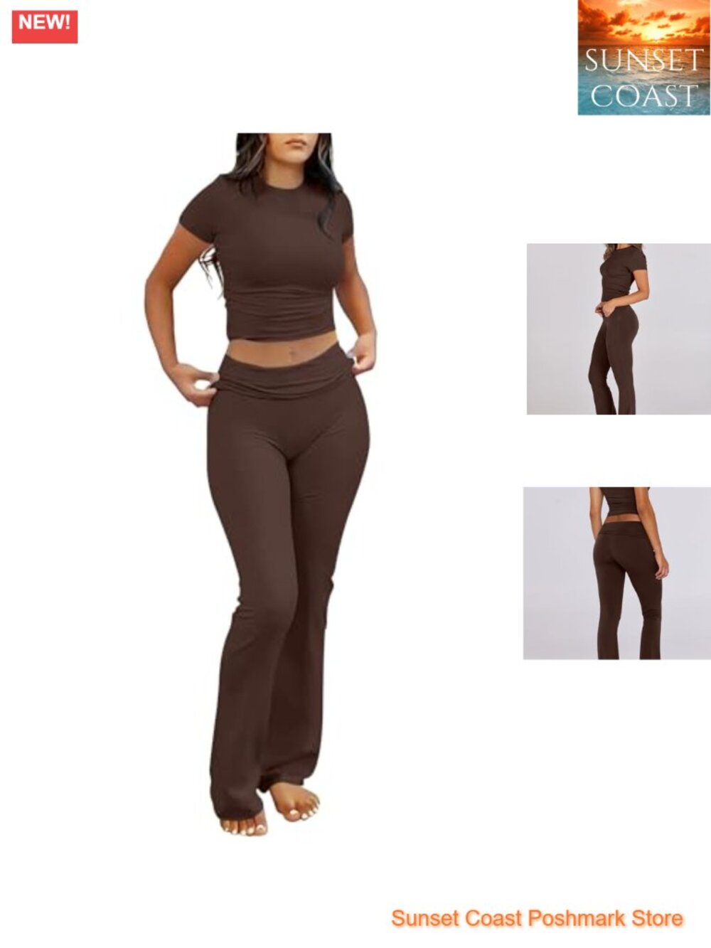 2 Piece Lounge Set Cropped Top Flare Pants Fold Over Waist Slim Fit Rayon Blend